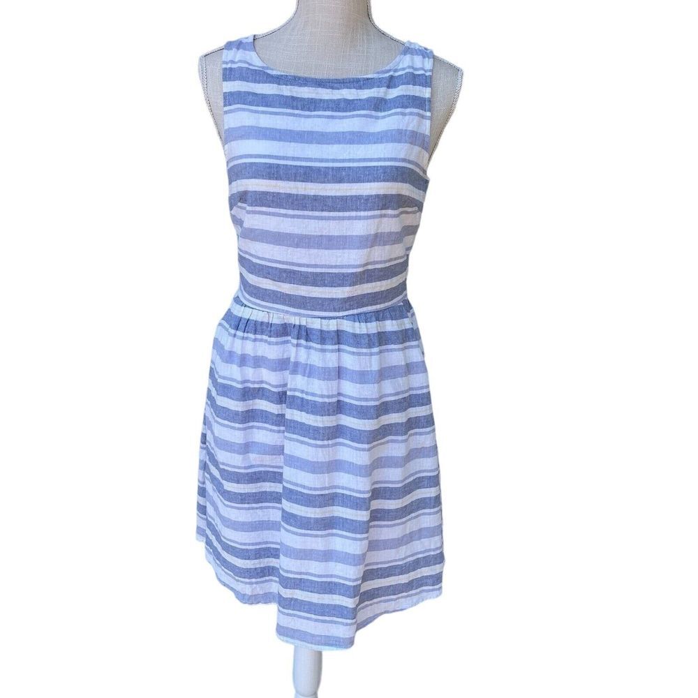 Beach Lunch Lounge Striped Dress Womens S Blue Linen Sleeveless Boho Summer Mini